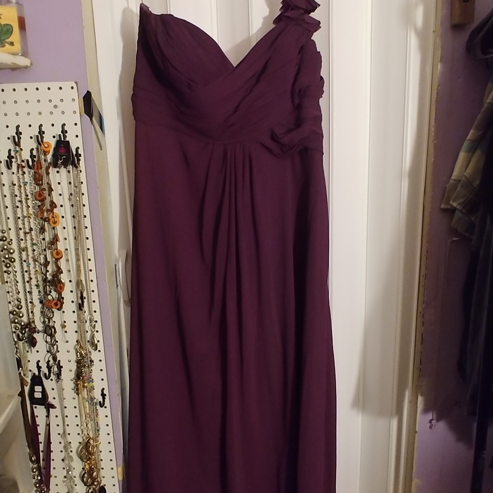 Plum tea length one shoulder formal dress